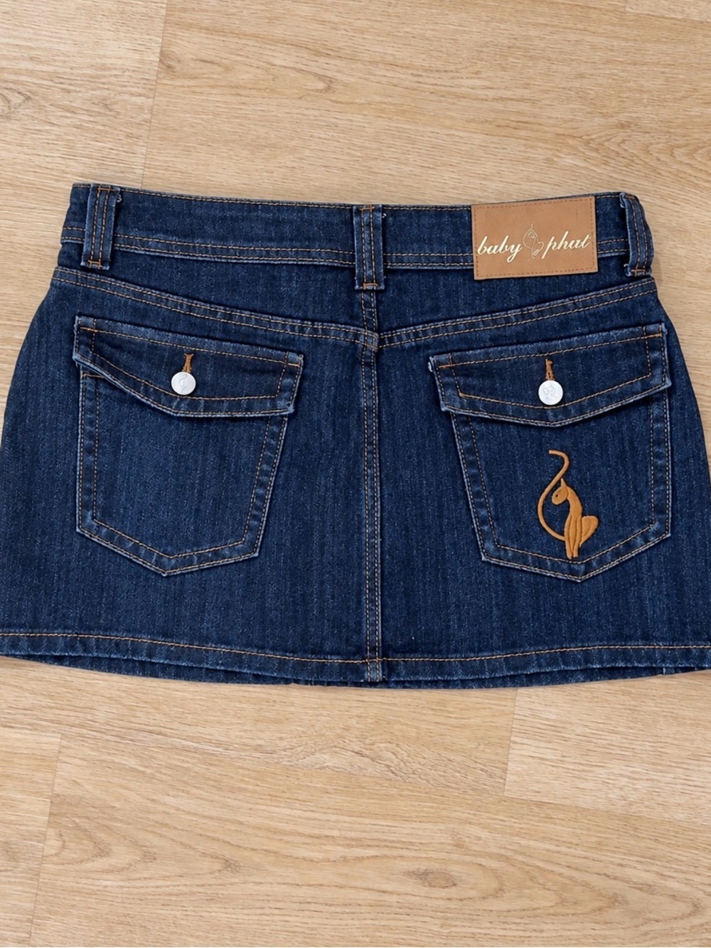 Baby Phat Navy Denim Mini Skirt with Embroidered Back Pocket